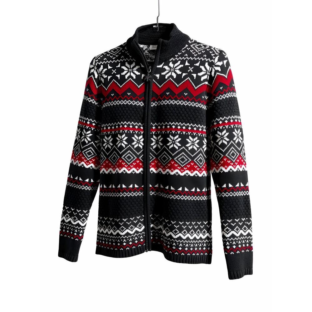 Breckenridge Full Zip Cardigan Nordic Grey Red Black Woman's M 100% Cotton Cabin